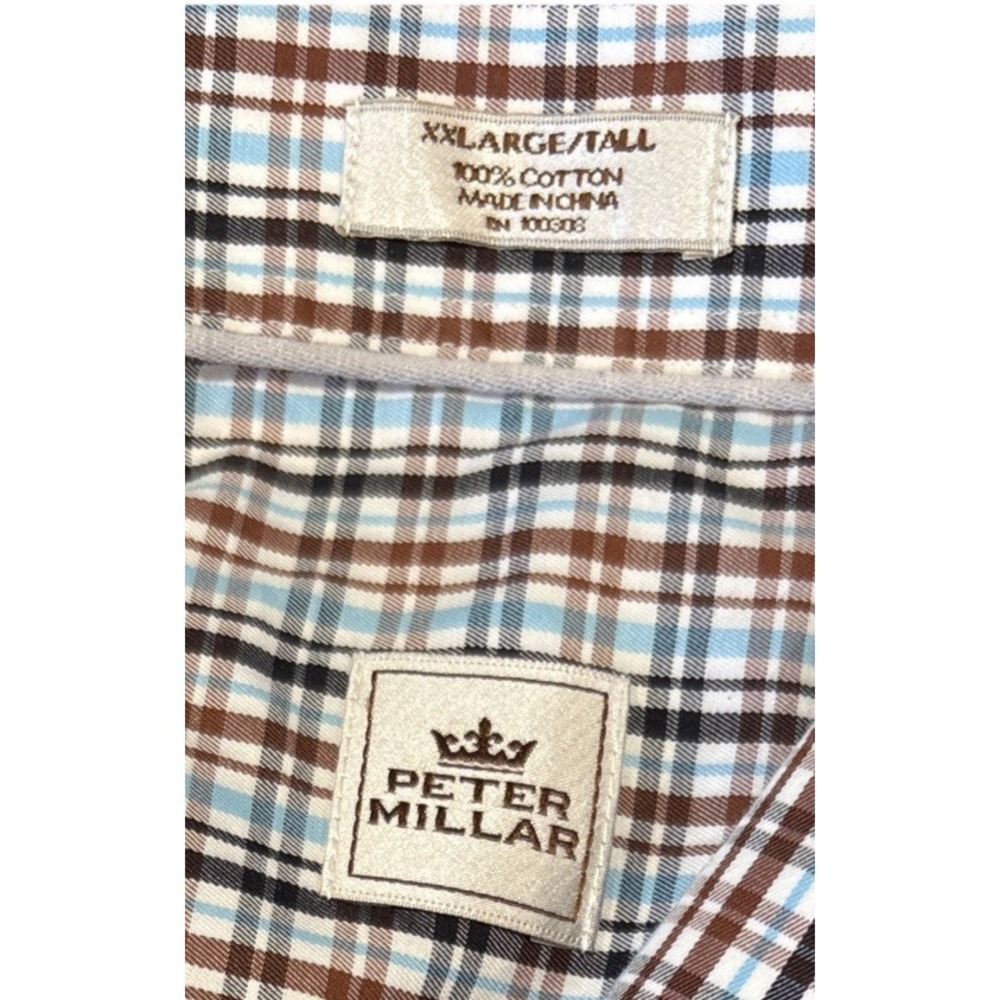 Peter Millar Mens XXLarge/ Tall Button Down Shirt Blue Brown Plaid Long Sleeve - Picture 2 of 7